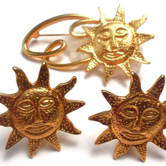 Vintage Jewelry Set Sun Brooch and Cilp-on Earrings accessories gifts - Picture 6 of 9